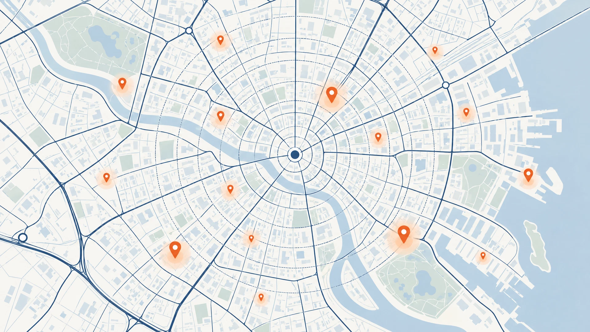 Stylised map of a city with local demand pins scattered across it